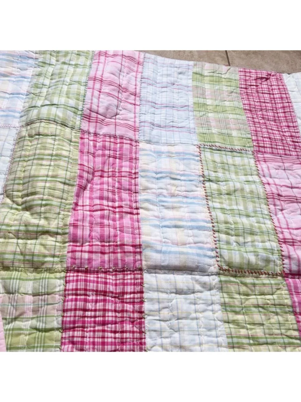 Pottery Barn Kids Twin XL Quilt Plaid Patchwork Pink Green Reversible Bedding